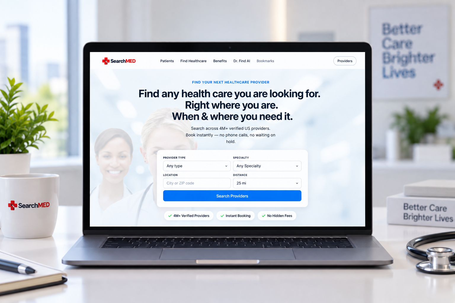 SearchMed healthcare search shown on a laptop in a clinic