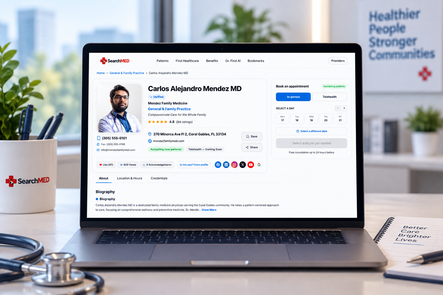 Carlos Alejandro Mendez MD SearchMed provider profile on a laptop